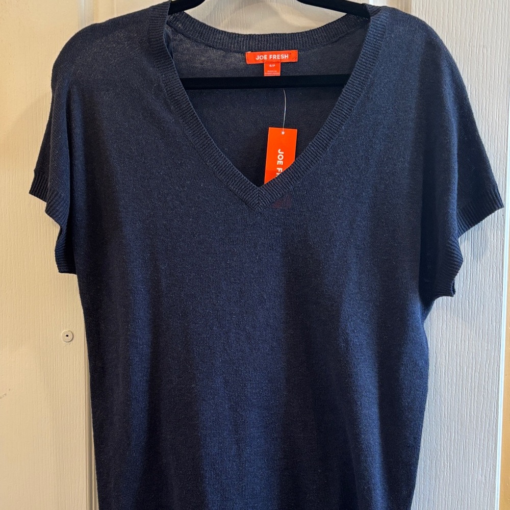 JOE FRESH NWTS BLUE SHORT SLEEVE V NECK TOP HI LO HEM LINEN RAYON COTTON SIZE SM